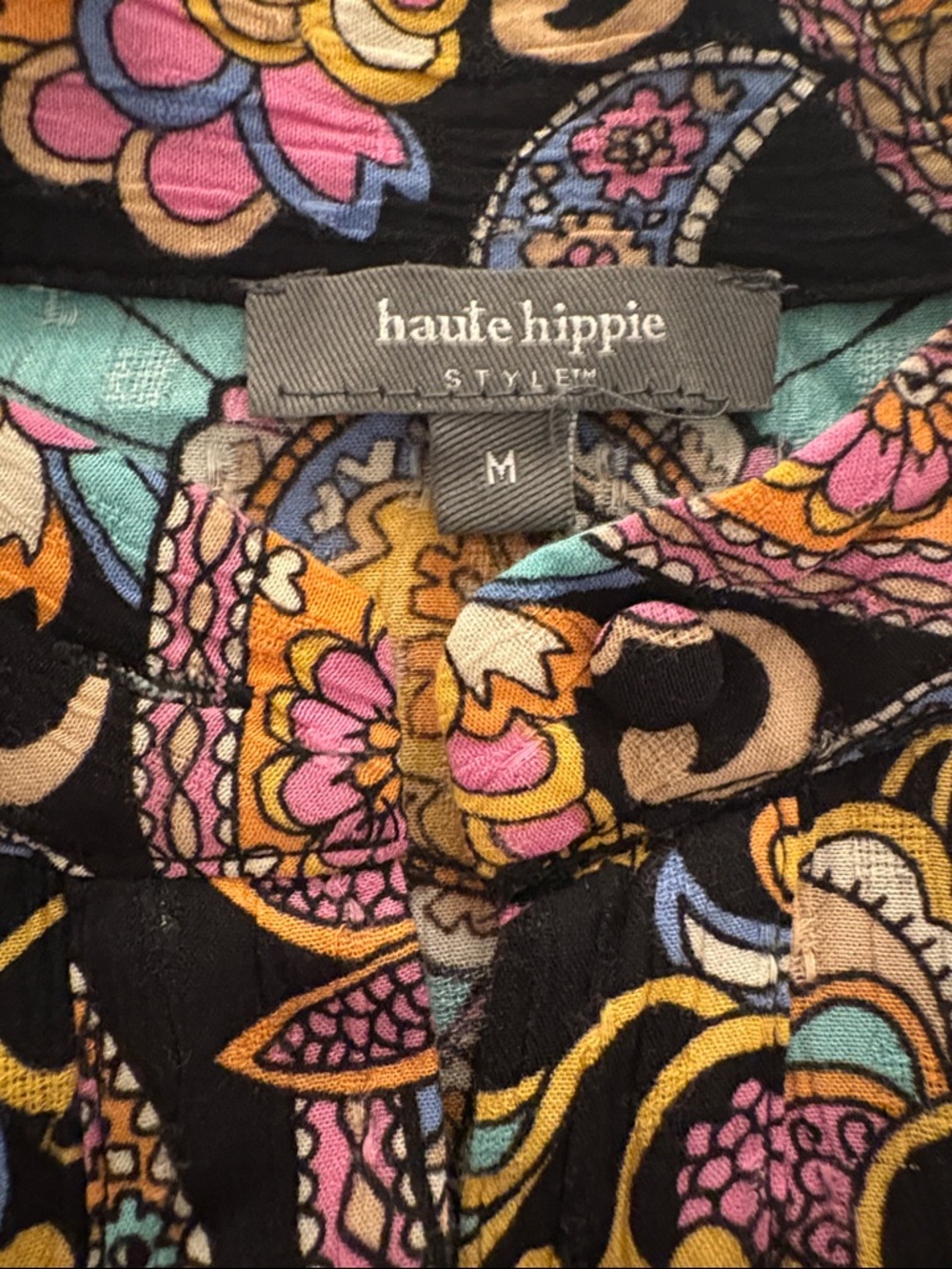 Haute Hippie Black Paisley Tie-Front BOHO Festival balloon sleeve crop top SZ M - Picture 3 of 5